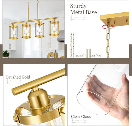 4-Light Kitchen Island Lighting, Brushed Gold Linear Dining Room Light Fixtures with Clear Glass, Modern Mid Century Chandelier Pendant Light for Kitchen Island Dining Room, OS-3014-4ISBG