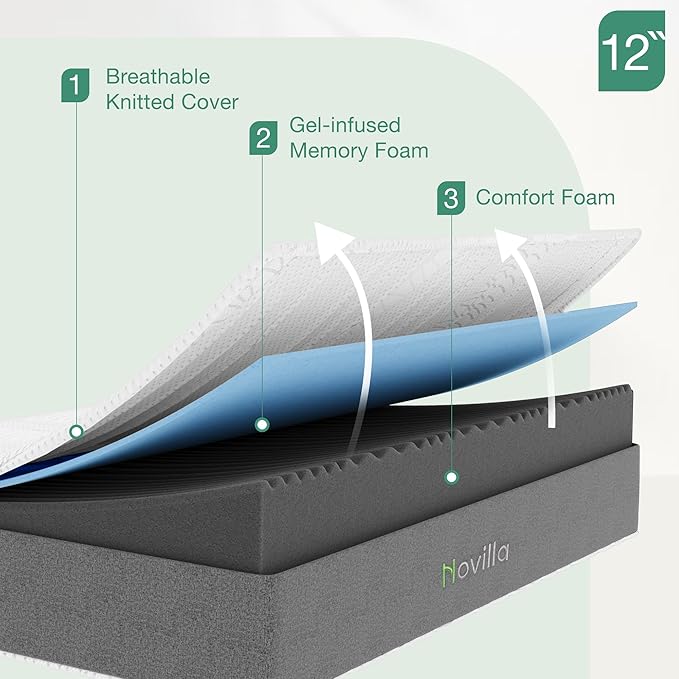 Novilla 14 Inch King Mattress in a Box, King Size Memory Foam Mattress with GelMax Cooling Cover & Charcoal-Infused Medium-Firm Support for Back Pain Relief, Motion Isolation