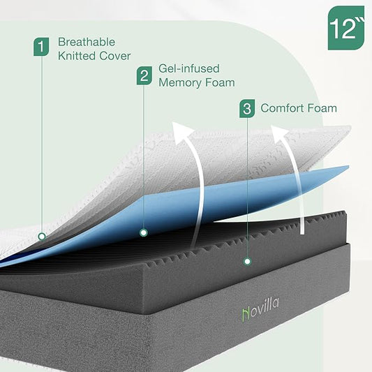 Novilla 14 Inch King Mattress in a Box, King Size Memory Foam Mattress with GelMax Cooling Cover & Charcoal-Infused Medium-Firm Support for Back Pain Relief, Motion Isolation