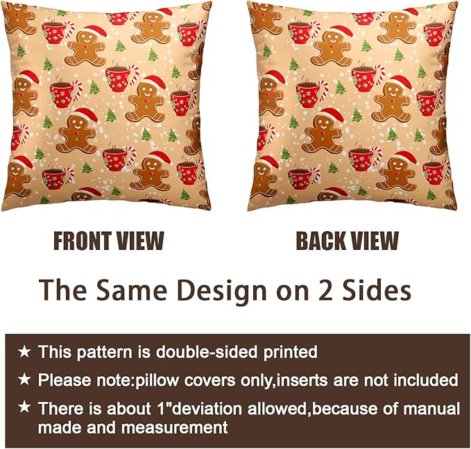 Christmas Orange Gingerbread Man Throw Pillow Cover Xmas Trees Candy Cane Hot Cocoa Snowflake Pillow Case Covers 22x22 In Christmas Cute Celebration Graphic Cushion Cover for Home Couch Sofa, 2 Pack