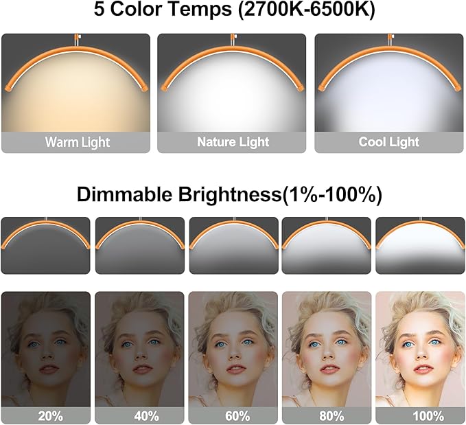 AURELLE Half Moon Lash Light - Adjustable LED Floor Lash Lamp with 4X Magnifier & Phone Holder for Eyelash Extensions,Nail Art,Tattoo,Skincare,Salon SPA-Dimmable Brightness,Rotating Head, Orange