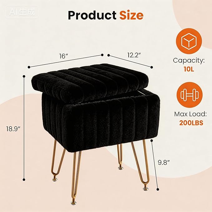 DUMOS Vanity Stool Chair, Ottoman with Storage, Makeup Cute Soft Small Footstool, Modern Style Faux Fur Seat with 4 Metal Legs & Adjustable Feet for Dressing, Living Room, Bedroom, Dorm, Black