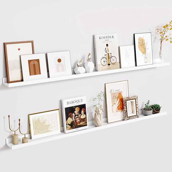 Fun Memories Picture Ledge Shelves Set of 2-55 Inch Shelves with Lip - Large Nursery Bookshelf for Storage - Floating Shelf Wall Mounted for Living Room - Bedroom -Kitchen - White Color