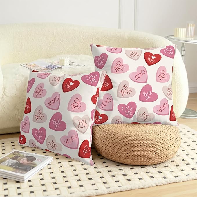 Valentines Conversation Heart Pillow Cover 20x20 Set of 2 Valentines Day Outdoor Red Pink Hearts Throw Pillow Covers Cute Candy Heart Pillowscase for Living Room Couch Sofa