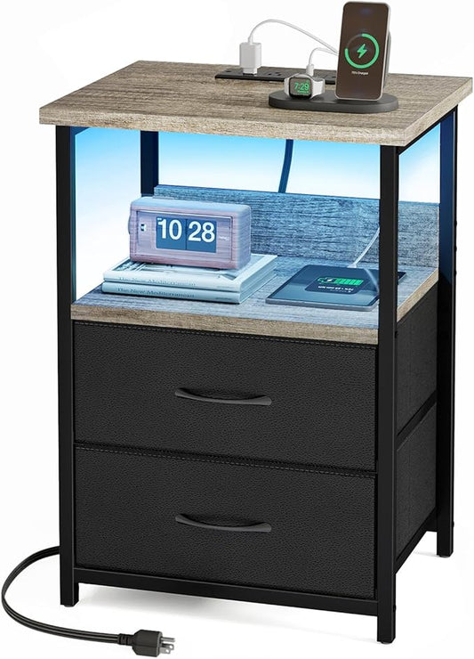 Fixwal Night Stand with Charging Station, LED Nightstand with U-S-B Ports and Outlets, 2 Fabric Storage Drawers with PU Finish, Bed Side Table, French Oak
