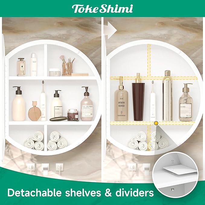 TokeShimi 26 Inch Round White Medicine Cabinet for Bathroom with Mirror Metal Framed Mirrored Bathroom Cabinet Surface Mount Only Removeable Shelves Modern Farmhouse Circle Vanity Mirror with Storage