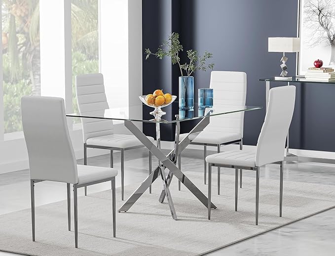 Tempered Glass Dining Table with Chromed Legs, 47in Rectangular Kitchen Table for Kitchen Dining Room Home Office (47.24 * 27.55, White/Silver)