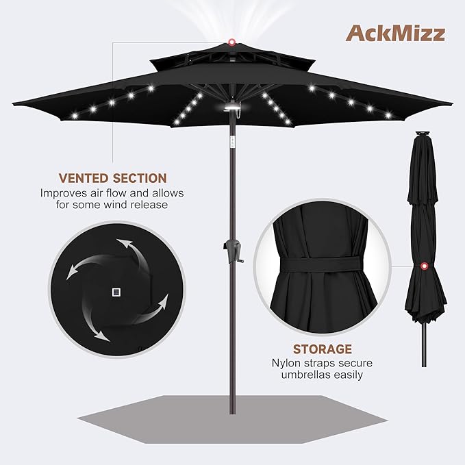 9FT Solar Umbrella Outdoor - 2-Tier Lighted Solar Patio Umbrella with 40 LED Lights Waterprool UV Protection, Table Umbrella with Tilt for Pool, Porch, Garden, Backyard (Black)