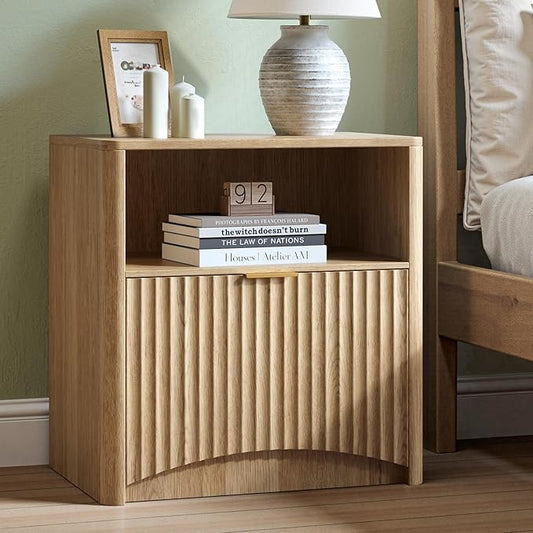 Evermagin Fluted Nightstand, Natural Oak Bedside Table with Drawer and Storage, Wood End Table Mid Century Modern, Large Night Stand for Bedroom