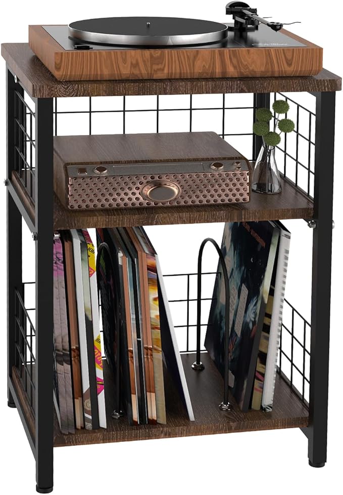 Record Player Stand, 3 Tier End Table with Double Layer Iron Wire Mesh Turntable Vinyl Record Stand Storage Up to 100 Albums, Nightstand Small Side Tables for Living Room Bedroom, Black