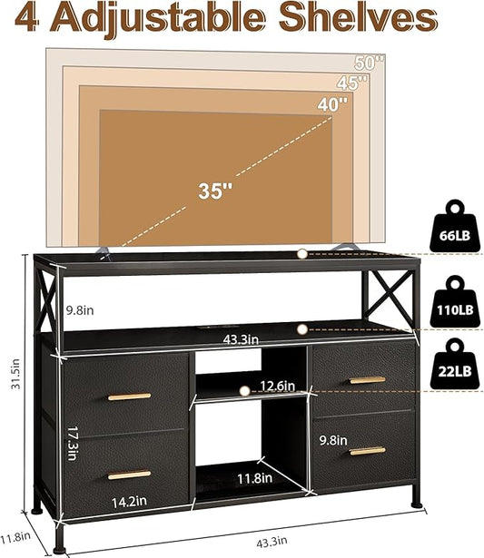 LED TV Stand for 55 inch TV, 47" Entertainment Center with 4 Fabric Drawers & Open Shelf, Brushed Gold Handle, TV Media Console Table for Living Room, Bedroom, Hallway, Black