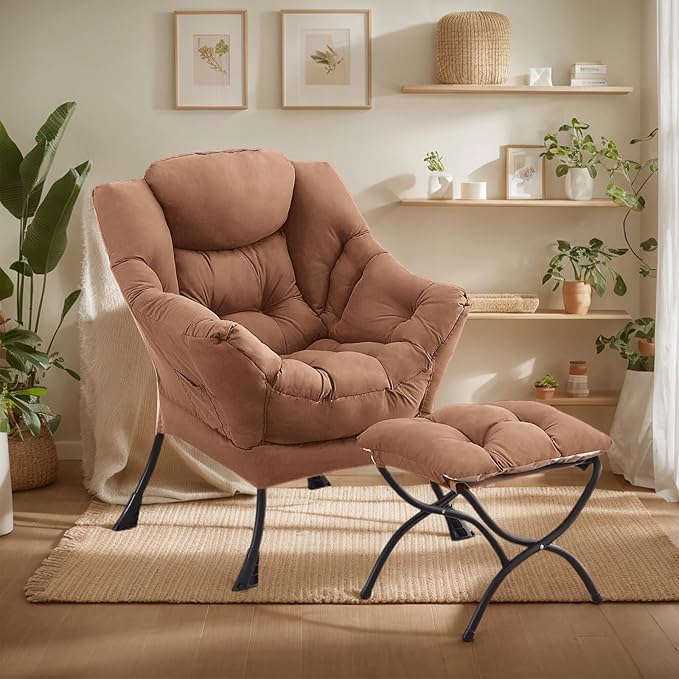 Lazy Chair with Ottoman, Large Khaki Accent Chair with Ottoman, Comfy Reading Armchair, Leisure Sofa Chair for Living Room, Bedroom, Dorm Room, Office