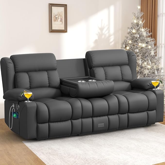 Loveseat Recliner Sofa, 3 Seater Minimalist Style Reclining Loveseat with Flip Back Console, USB Charge Ports, Cup Holders, Recliner Love Seat Couches for Living Room, RV, Gray