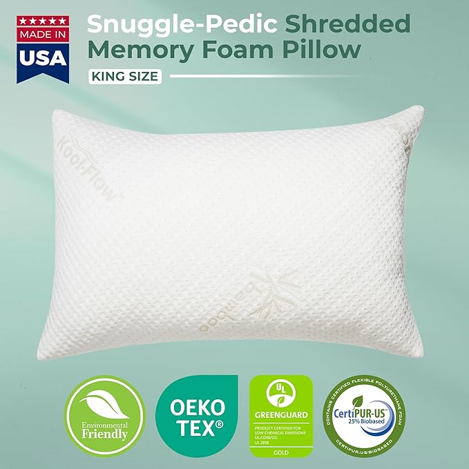 Snuggle-Pedic Shredded Memory Foam Pillow - The Original Cool Pillows for Side, Stomach & Back Sleepers - Sleep Support That Keeps Shape - College Dorm Room Essentials for Girls and Guys - King