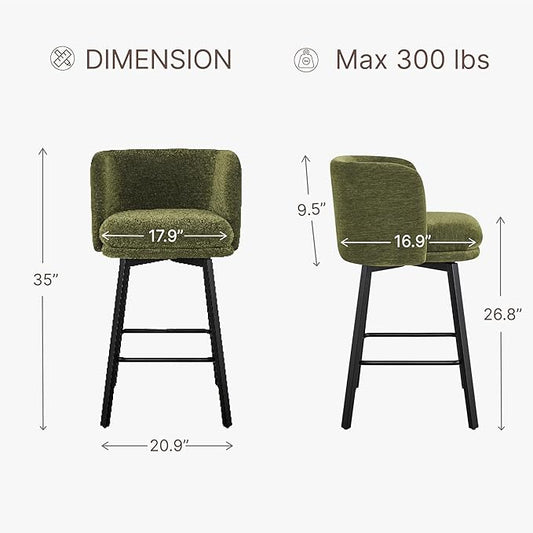 26" H Counter Height Swivel Bar Stools Set of 2, Barrel Counter Stools with Backrest, Linen Fabric Upholstered Barstools with Metal Legs for Kitchen Island,Green