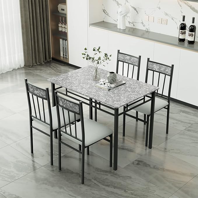 NAFORT 5 Piece Dining Table Set for 4, Faux Marble Kitchen Table and Chairs Set of 4, Vintage Rectangular Dining Room Table with Cushion Padded Seat, Metal and Wood Dining Set Kitchen Furniture, Grey