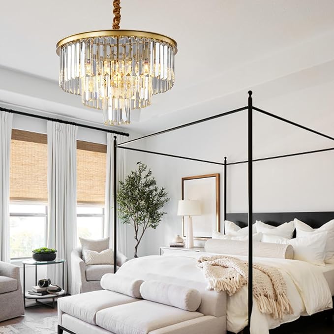 Golden Crystal Chandelier Lighting K9 Crystal Round Chandelier Suspended Ceiling Light Fixture 3 Tier Suitable for Modern Dining Room Living Room Bedroom Stairs
