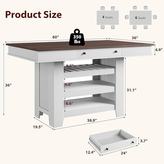 Garvee Counter Height Dining Table with 2 Drawers, 36" Farmhouse Wooden Large Bar Kitchen Table with Wine Rack & 3 Shelves, Rectangular, Thick Frame for Kitchen, Bar & Entertaining, Retro White Brow