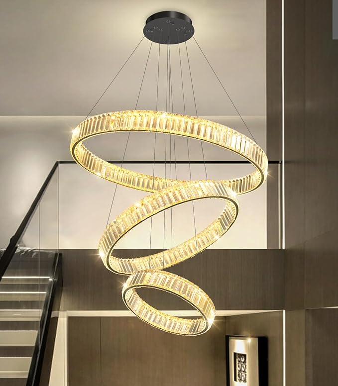 16‘’+24‘’+32'' Modern Ring Chandelier Crystal Chandeliers for Dining Room Round LED Dimmable Ceiling Light Fixture for Living Room Bedroom Lighting Black