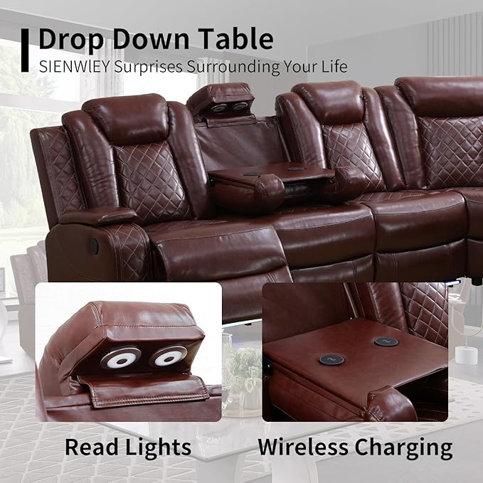 Leather Power Recliner Sectional Sofa with LED Light,L Shaped Leather Couch Set with 2 Recliner Seats，Modular Corner Sofa with Storage Console/Coffee Table for Living Room(Red, Sectional)