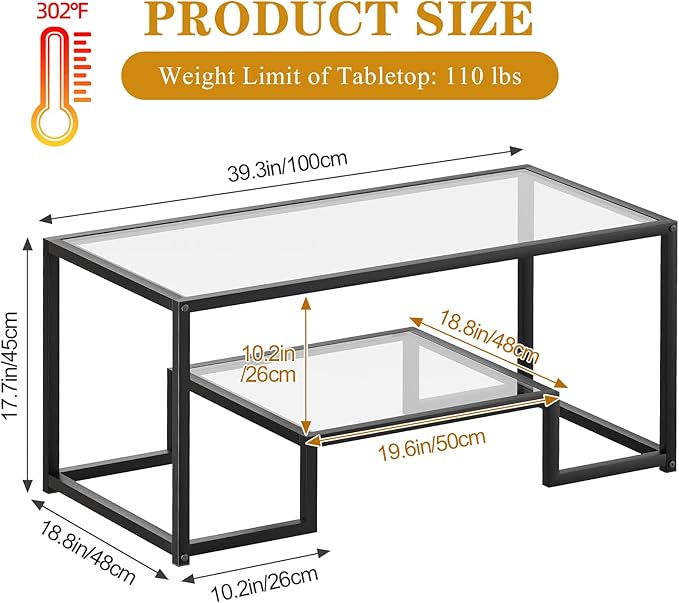 Coffee Table Black Glass Coffee Table for Living Room,2 Tiers Rectangle Center Table with Sturdy Metal Frame,Modern Tempered Glass Accent Table for Bedroom Home Office