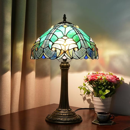 Tiffany Lamp Green Liaison Style Stained Glass Table Lamp W12H18 Inch Antique Table Lamp Metal Base Desk Reading Light for Living Room Bedroom Bar Art Craft
