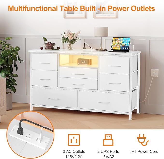 Jojoka 8 Dresser TV Stand with Power Outlet & LED for 55'' TV, Long Dresser for Bedroom with 8 Deep Drawers, Wide Console Table for Storage in Closet, Living Room, Entryway, Wood Top (White)