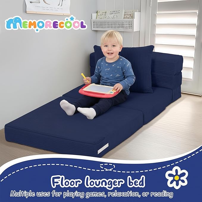 MeMoreCool Kids Fold Out Sofa Chair – Navy Corduroy Tri-Fold Floor Futon for Toddlers, Portable Sleeper Couch with Washable Cover Soft Convertible Lounger | High-Density Foam Mattress