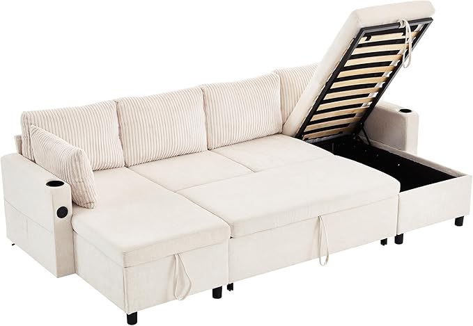 ERYE 113-Inch U-Shaped Pull Out Sleeper Couch Bed, Modern U Shaped Symmetrical Sleeper Sectional Sofa Convertible Sofa Bed with Storage Chaises & USB-C Ports for Living Room