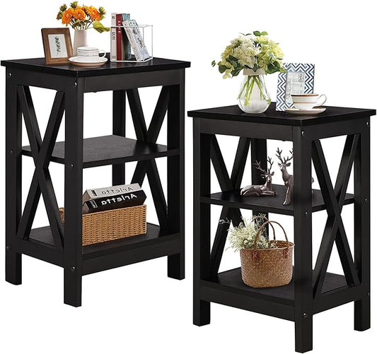 VECELO End Side Table Night Stand Set Of 2,X-Design with Storage Shelf for Bedroom,Living Room,Black