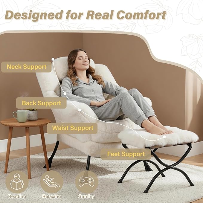 Lazy Chair and Ottoman, Large Plush Beige Contemporary Accent Chair with a Side Pocket, Modern Leisure Upholstered Reading Armchair with Footrest for Office, Bedroom, Living Room, Balcony