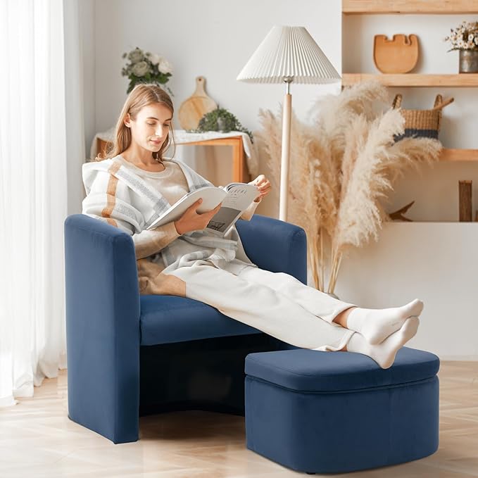 COLAMY Morden Velvet Living Room Side Chair with Storage Ottoman Set of 2, Single Sofa Armchair with Lounge Seat, Upholstered Barrel Accent Chair for Bedroom/Office/Reading Spaces, Blue