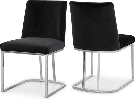 Meridian Furniture Heidi Collection Modern | Contemporary Velvet Upholstered Dining Chair with Polished Chrome Metal Frame, Set of 2, 19" W x 23" D x 32" H, Black