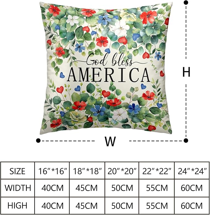 4th of July Pillow Covers Patriotic God Bless America Throw Pillow Covers 18 x 18 Eucalyptus Leaf with Red White Blue Flower Pillow Cases Memorial Day Cushion Case for Home Sofa 2Pcs