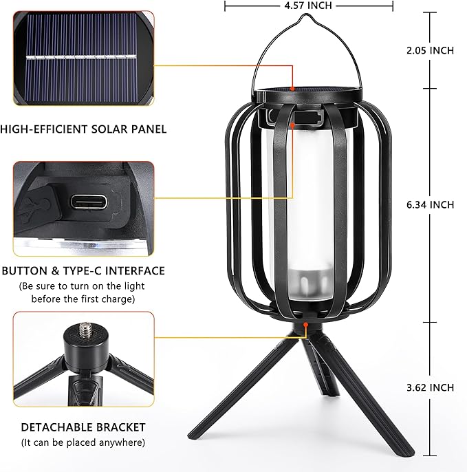 Toodour Solar & Battery Powered Lantern Outdoor Lights, 2 Pack Black LED Lantern with 4 Modes, Waterproof Rechargeable Hanging Solar Lights for Camping Patio Garden Yard Outdoor Decor
