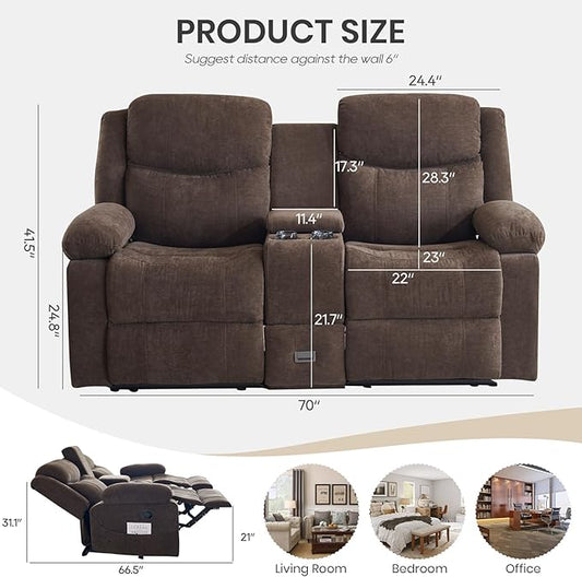 Recliner Sofa, Reclining Loveseat Sofa with Massage & Heat, Reclining Couch with Side Pockets, Extra Storage, Cup Holders for Living Room