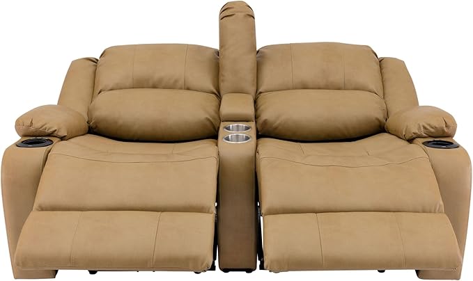 RecPro Charles 64" Powered Recliner RV Sofa with Console and Cupholders | Zero Wall Loveseat for Camper | Wall Hugger Couch with Upgraded 2023 Fabric (Toffee)