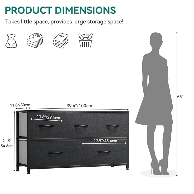 YITAHOME Dresser for Room with 5 Drawers - Fabric Storage Tower, Long Fabric Dresser, Organizer Unit for Closet, Hallway