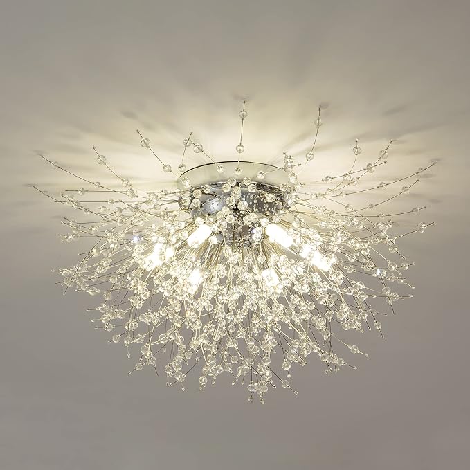 CM MZY Chrome Firework Flush Mount Ceiling Light Fixture, Modern Crystal Sputnik Firework Ceiling Lights, 6-Light Close to Ceiling Lighting Fixtures for Bedroom Kitchen Hallway Entryway