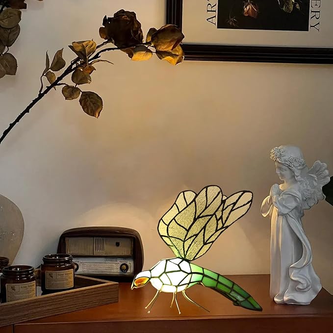 Tiffany Table Lamp Green Dragonfly Stained Glass Bedside Nightstand Night Light,3 Color-Temperature,Handcrafted Light for Living Room,Bedroom+LED Bulb,Home Decor Gifts
