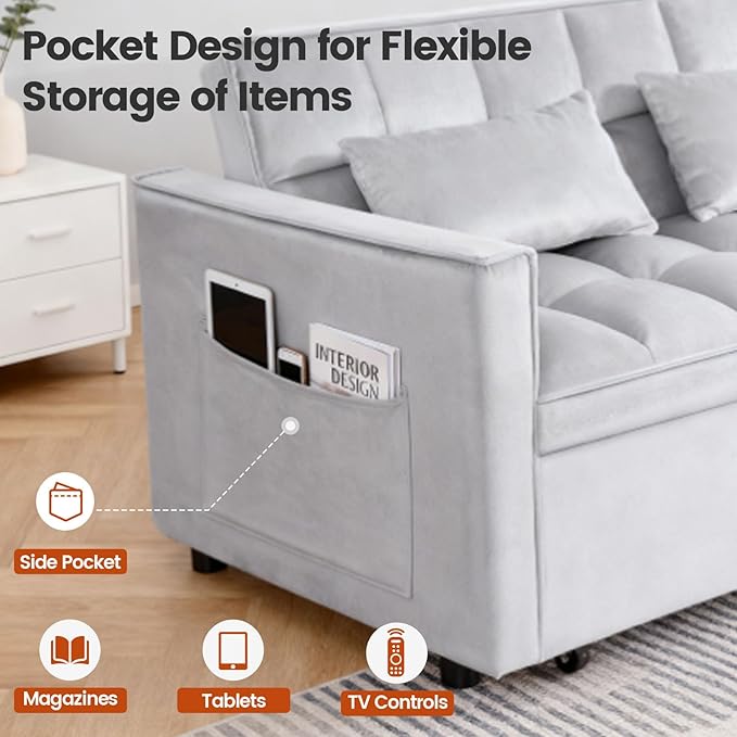 3 in 1 Convertible Sofa Bed, Love Seat Sleeper Bed with Side Pockets, Velvet Fabric Pull Out Couch with Adjustable Backrest for Living Room, Bedroom, Apartment, Gray