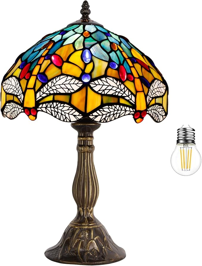 WERFACTORY Tiffany Lamp Sea Blue Yellow Stained Glass Dragonfly Style Table Lamp Nautical Reading Desk Bedside Light 12X12X18 Inches Decor Bedroom Living Room Home Office S128 Series