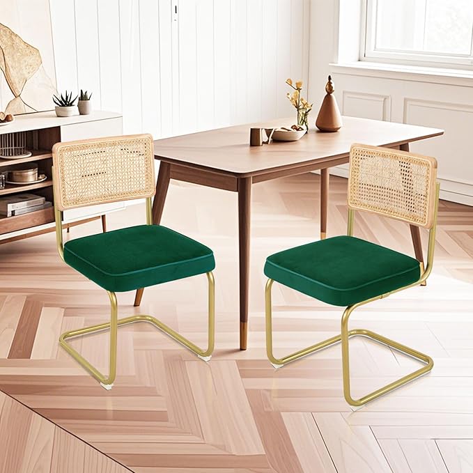 Mid-Century Modern Dining Chairs Set of 2, Velvet Upholstered Seat with Natural Rattan Backrest, Armless Side Chairs with Metal Legs, Ergonomic Design for Home Kitchen Dining Room, Green, CangLong