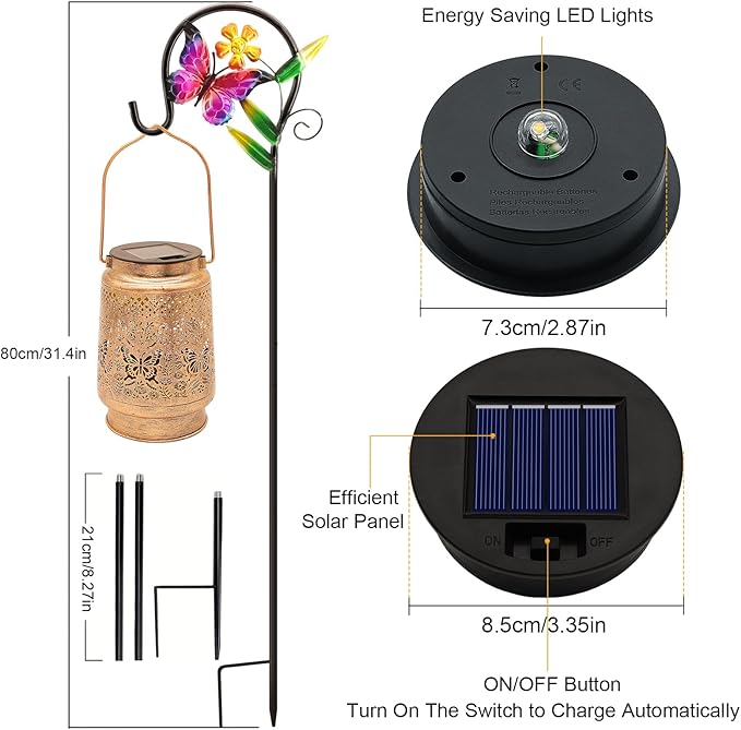 2 Pack Solar Lanterns Outdoor Butterfly Garden Decor, Gifts for Women Mom Grandma Birthday, Waterproof Metal Hanging Solar Lights LED Decoration with Shepherd Hook Outside for Yard Patio Lawn Porch