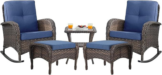 Belord Patio Rocking Chairs Furniture Set - 5 Piece Outdoor Wicker Furniture Sets with Ottomans, Small Patio Conversation Sets with Wicker Rocking Chairs Brown/Blue