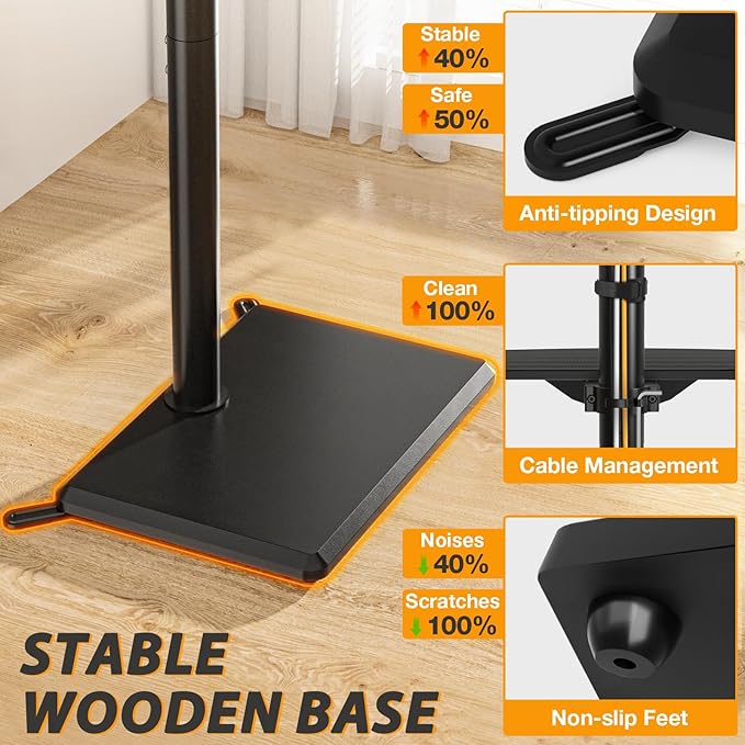 TVON Floor TV Stand with Shelf, TV Mount Stand for 32-60 inch TVs up to 88 lbs, Swivel TV Stand Mount with Height Adjustment and Safety Wood Base for Office, Corner, Max VESA 400x400mm
