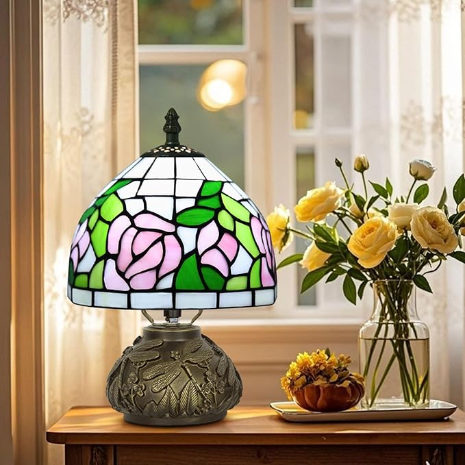 Small Tiffany Table Lamp,Stained Glass Lamp,8 Inch Mushroom Style Mini Vintage Desk Lights for Bedside, Bedroom,Nightstand,Living Room,3 Color Temperature (Pink Rose)