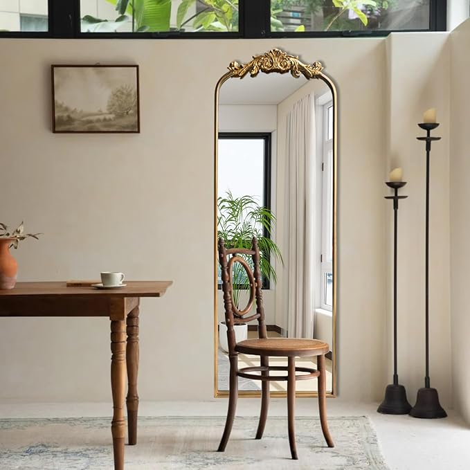 Full Length Wall Mirror Decorative Full Body Mirrors Traditional Antique Arched Farmhouse for Living Room Bedroom Entryway Bathroom Vanity (58X13 Inches, Gold)