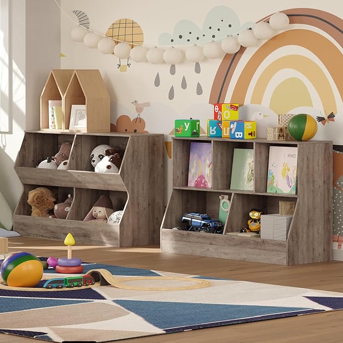 DINZI LVJ Toy Storage Organizer, Kids Bookshelf, Wood Toy Storage Cabinet, 5 Cubby Children Bookcase, 43.3" L Toddler Book Shelf for Playroom, Living Room, Nursery, Hallway, School, Greige
