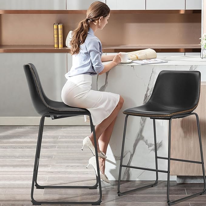 Sweetcrispy Counter Height Bar Stools Set of 4, 30 inch Leather Barstools Modern Bar Stools with Back, Counter Stool Armless Bar Chairs with Metal Legs, Footrest, Classic Black